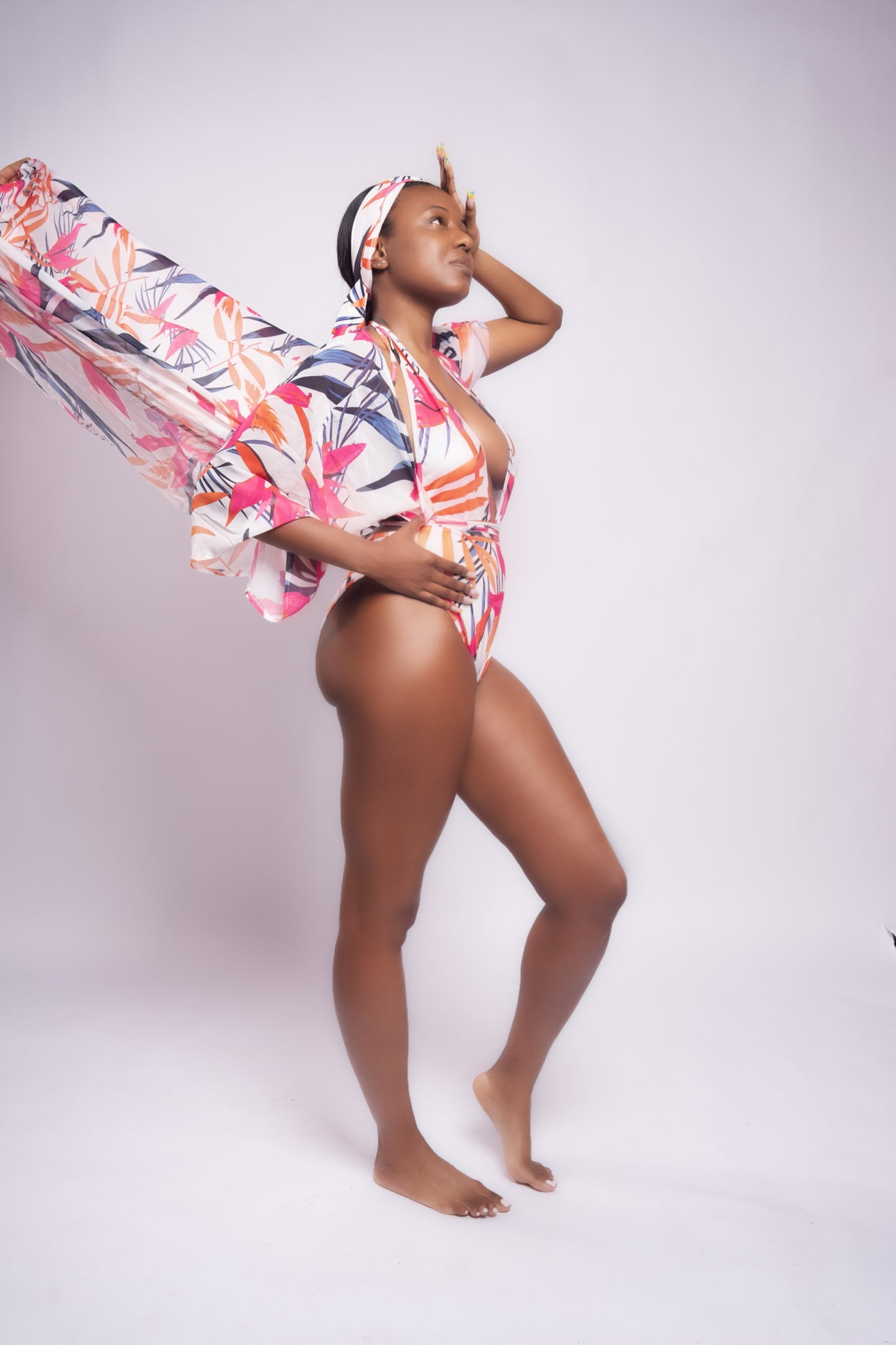 Hibiscus One Piece Swimsuit with Kimono and Head Wrap