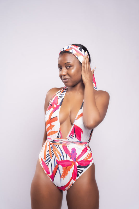 Hibiscus One Piece Swimsuit with Kimono and Head Wrap